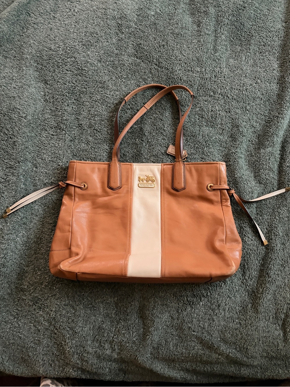 Rare coach Tan and Cream Center-Stripe Leather Tote